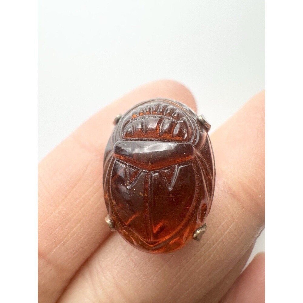 Vintage Carved Scarab Lapel Pin Amber Color Glass
